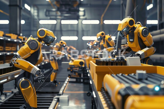Development of technology and modern technology, smart robots working on a conveyor belt in a factory, the concept of technical progress and digital transformation, Saudi Vision 2030, improving production using smart machines and equipment in electronics industries