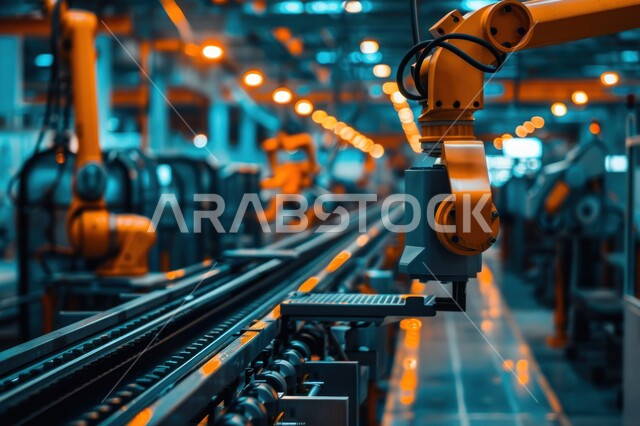 تطور التكنولوجيا و التقنية الحديثه, صورة مقربة لأذرع روبوتات ذكية تعمل على حزام ناقل في إحدى المصانع, مفهوم التقدم التقني و التحول الرقمي, رؤية سعودية مستقبلية 2030، تحسين الانتاج باستخدام الالات والمعدات الذكيه في الصناعات الالكترونيه