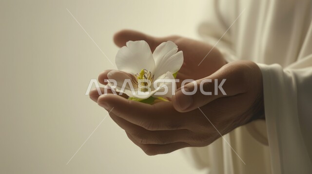 الأمل والهدوء والبراءة, مفهوم السلام الداخلي, صورة مقربة لأيدي إمراة عربية خليجية سعودية ترتدي العباءة تحمل بيدها زهرة بيضاء, خلفية رمادية