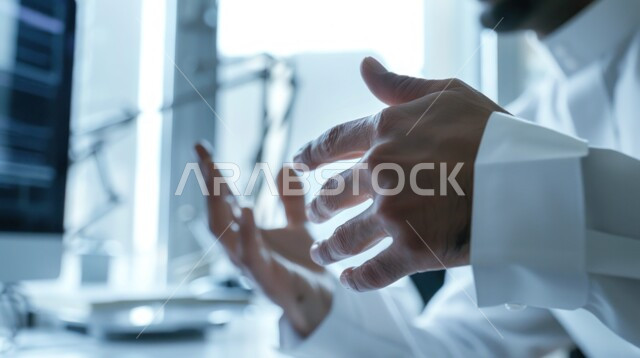 التفاعل والاندماج أثناء الحديث, صورة مقربة من الجانب لرجل عربي خليجي سعودي يرتدي الثوب التقليدي يقوم بتحريك يديه اثناء الكلام, المناقشة وتقديم الأفكار لتحسن استراتيجة العمل, النقاش والجدال ومحاولة الاقناع