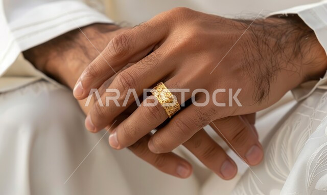 مفهوم الاستقرار وتكوين العائلة, مجوهرات واكسسوارات فخمة, صورة مقربة ليد رجل عربي خليجي سعودي يرتدي خاتم الزواج الذهبي, تصاميم مميزة للمحابس التقليدية, اسواق الصاغة والحلي في المملكة العربية السعودية
