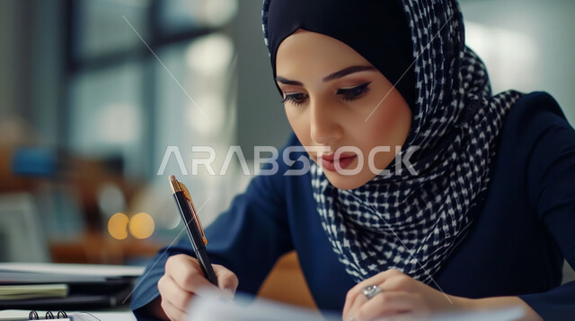 جمع بيانات البورصه وسوق الأسهم, مفهوم الدقة والتركيز في انجاز المعاملات، تحقيق الاهداف المالية للشركة، صورة مقربة لسيدة أعمال عربية خليجية سعودية تقوم بدراسة الأرباح، دراسة و تحليل الاحصائيات و الرسوم البيانية, دمج التكنولوجيا مع العمل.