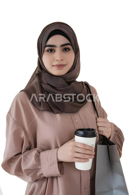 الاستمتاع باحتساء المشروب المفضل، بورتريه مقرب لسيدة عربية خليجية سعودية محجبة مبتسمة ترتدي العباءة السوداء تمسك بيدها كوب من العصير تنظر الى الكاميرا بإيماءات السرور، الاهتمام بالأناقة والمظهر الخارجي، خلفية بيضاء