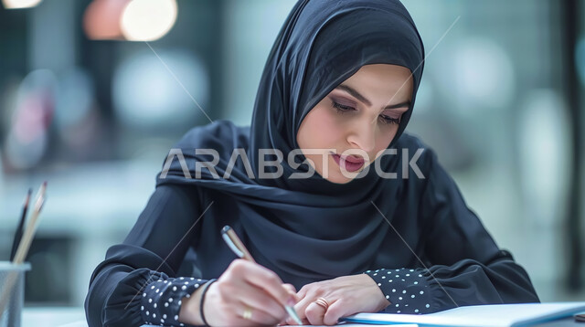 جمع بيانات البورصه وسوق الأسهم, مفهوم الدقة والتركيز في انجاز المعاملات، تحقيق الاهداف المالية للشركة، صورة مقربة لسيدة أعمال عربية خليجية سعودية تقوم بدراسة الأرباح، دراسة و تحليل الاحصائيات و الرسوم البيانية, دمج التكنولوجيا مع العمل.
