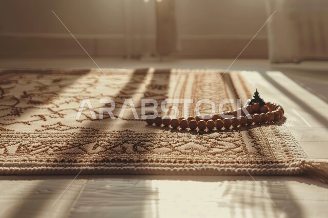 مفهوم التسبيح والتهليل، الإجتهاد في العباده والتقرب الى الله في شهر رمضان المبارك, صورة مقربة لسبحة على سجادة الصلاة, الإكثار من ذكر الله تعالى من خلال الإستغفار والدعاء، الالتزام بالأذكار اليومية