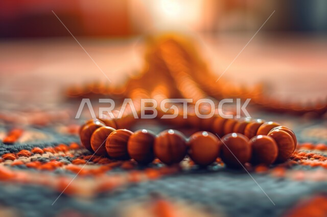 مفهوم التسبيح والتهليل، الإجتهاد في العباده والتقرب الى الله في شهر رمضان المبارك, صورة مقربة لسبحة على سجادة الصلاة, الإكثار من ذكر الله تعالى من خلال الإستغفار والدعاء، الالتزام بالأذكار اليومية