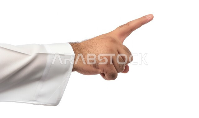 تعابير التحديد والتأكيد, الاشارة إلى شيء ما, بورتريه مقرب ليد رجل عربي خليجي سعودي يرتدي الثوب التقليدي يشير بأصبع السبابة للاختيار، خلفية بيضاء