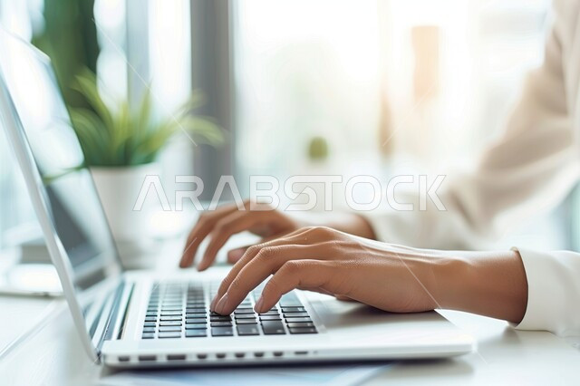 الاهتمام بنباتات الزينة, تنظيم و ادارة المهام عبر التكنولوجية المتطورة، تصوير مقرب من الجانب ليدين إمرأة عربية خليجية سعودية تقوم بالضغط على ازرار لوحة المفاتيح الخاصة بالحاسب المحمول، استخدام الاجهزة والتقنيات الحديثة في العمل