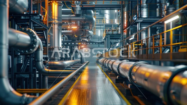 مصانع ومعامل في المملكة العربية السعودية، مستودعات ضخمة و كبيرة، هندسات ومعدات صناعية، صناعات ومشاريع بيتروكيماوية، صورة مقربة لخطوط الأنابيب والكابلات الفولاذية، مصنع تكرير النفط والغاز في المنطقة الصناعية