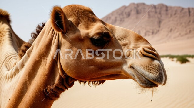 المحميات الطبيعية لتربية ورعاية الابل, مفهوم الأصالة والعراقة, صورة مقربة لرأس ناقة عربية أصيلة شقراء في المناطق الصحراوية, رعي الثدييات والمواشي وحيوان الجمل في صحاري المملكة العربية السعودية