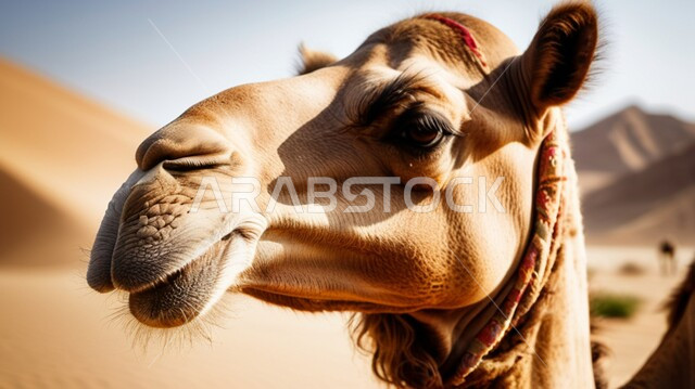 Natural reserves for raising and caring for camels, the concept of authenticity and antiquity, a close-up image of the head of a purebred Arabian camel in desert areas, grazing mammals, livestock and camels in the deserts of the Kingdom of Saudi Arabia