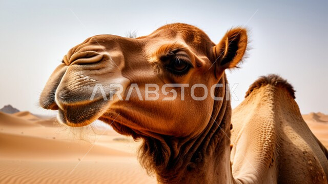 المحميات الطبيعية لتربية ورعاية الابل, مفهوم الأصالة والعراقة, صورة مقربة لرأس ناقة عربية أصيلة شقراء في المناطق الصحراوية, رعي الثدييات والمواشي وحيوان الجمل في صحاري المملكة العربية السعودية