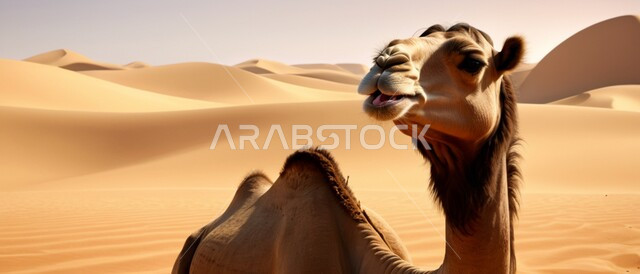 المحميات الطبيعية لتربية ورعاية الابل, مفهوم الأصالة والعراقة, صورة مقربة لرأس ناقة عربية أصيلة شقراء في المناطق الصحراوية, رعي الثدييات والمواشي وحيوان الجمل في صحاري المملكة العربية السعودية