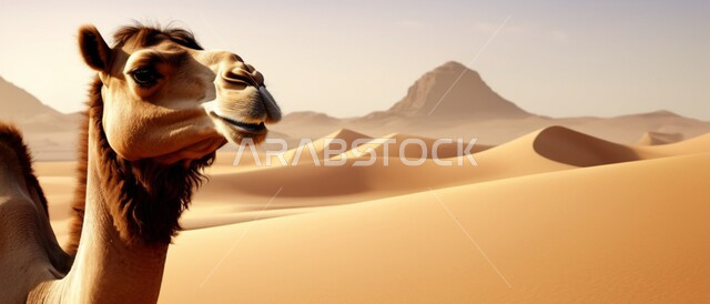 المحميات الطبيعية لتربية ورعاية الابل, مفهوم الأصالة والعراقة, صورة مقربة لرأس ناقة عربية أصيلة شقراء في المناطق الصحراوية, رعي الثدييات والمواشي وحيوان الجمل في صحاري المملكة العربية السعودية