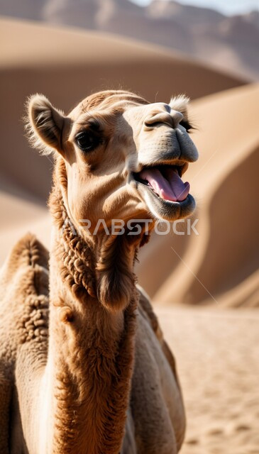 المحميات الطبيعية لتربية ورعاية الابل, مفهوم الأصالة والعراقة, صورة مقربة لناقة عربية أصيلة شقراء تنظر الى الكاميرا في المناطق الصحراوية, رعي الثدييات والمواشي وحيوان الجمل في صحاري المملكة العربية السعودية