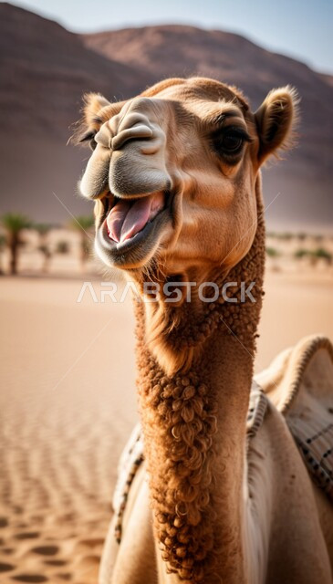 المحميات الطبيعية لتربية ورعاية الابل, مفهوم الأصالة والعراقة, صورة مقربة لناقة عربية أصيلة شقراء تنظر الى الكاميرا في المناطق الصحراوية, رعي الثدييات والمواشي وحيوان الجمل في صحاري المملكة العربية السعودية