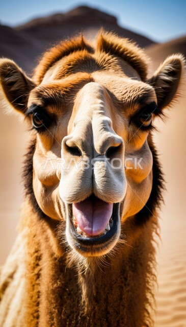 المحميات الطبيعية لتربية ورعاية الابل, مفهوم الأصالة والعراقة, صورة مقربة لناقة عربية أصيلة شقراء تنظر الى الكاميرا في المناطق الصحراوية, رعي الثدييات والمواشي وحيوان الجمل في صحاري المملكة العربية السعودية