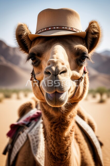 المحميات الطبيعية لتربية ورعاية الابل, مفهوم الأصالة والعراقة, صورة مقربة لناقة عربية أصيلة شقراء تضع القبعة تنظر الى الكاميرا في المناطق الصحراوية, رعي الثدييات والمواشي وحيوان الجمل في صحاري المملكة العربية السعودية