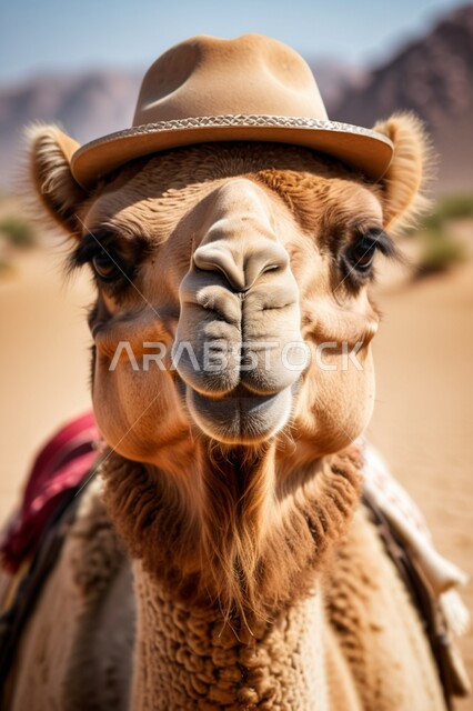 المحميات الطبيعية لتربية ورعاية الابل, مفهوم الأصالة والعراقة, صورة مقربة لناقة عربية أصيلة شقراء تضع القبعة تنظر الى الكاميرا في المناطق الصحراوية, رعي الثدييات والمواشي وحيوان الجمل في صحاري المملكة العربية السعودية