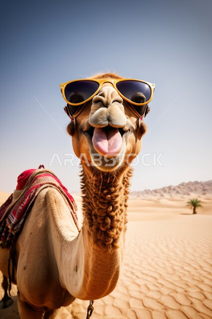 النظر الى الكاميرا بإيماءات السرور، مفهوم الأصالة والعراقة, المحميات الطبيعية لتربية ورعاية الابل, صورة مقربة لناقة عربية أصيلة شقراء ترتدي النظارة الشمسية في المناطق الصحراوية, رعي الثدييات والمواشي وحيوان الجمل في صحاري المملكة العربية السعودية