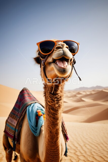 النظر الى الكاميرا بإيماءات السرور، مفهوم الأصالة والعراقة, المحميات الطبيعية لتربية ورعاية الابل, صورة مقربة لناقة عربية أصيلة شقراء ترتدي النظارة الشمسية في المناطق الصحراوية, رعي الثدييات والمواشي وحيوان الجمل في صحاري المملكة العربية السعودية