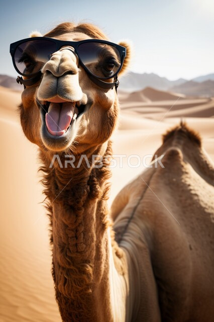 Looking at the camera with gestures of pleasure, the concept of authenticity and antiquity, nature reserves for raising and caring for camels, a close-up of a purebred blond Arabian camel wearing sunglasses in the desert areas, herding mammals, livestock and camels in the deserts of the Kingdom of Saudi Arabia