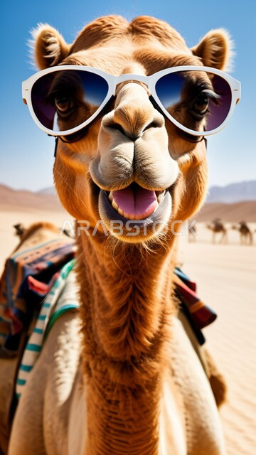 النظر الى الكاميرا بإيماءات السرور، مفهوم الأصالة والعراقة, المحميات الطبيعية لتربية ورعاية الابل, صورة مقربة لناقة عربية أصيلة شقراء ترتدي النظارة الشمسية في المناطق الصحراوية, رعي الثدييات والمواشي وحيوان الجمل في صحاري المملكة العربية السعودية