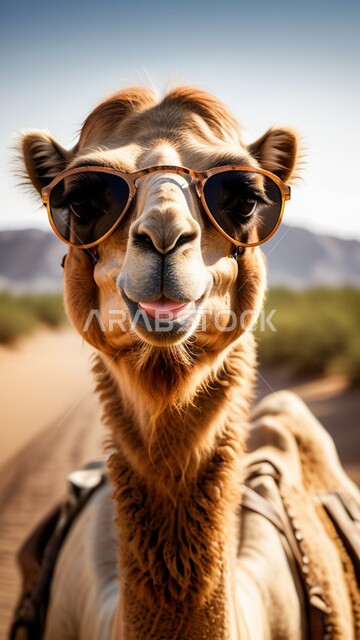 النظر الى الكاميرا بإيماءات السرور، مفهوم الأصالة والعراقة, المحميات الطبيعية لتربية ورعاية الابل, صورة مقربة لناقة عربية أصيلة شقراء ترتدي النظارة الشمسية في المناطق الصحراوية, رعي الثدييات والمواشي وحيوان الجمل في صحاري المملكة العربية السعودية