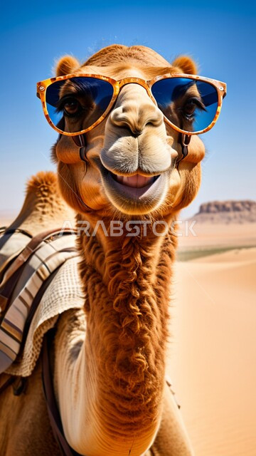 النظر الى الكاميرا بإيماءات السرور، مفهوم الأصالة والعراقة, المحميات الطبيعية لتربية ورعاية الابل, صورة مقربة لناقة عربية أصيلة شقراء ترتدي النظارة الشمسية في المناطق الصحراوية, رعي الثدييات والمواشي وحيوان الجمل في صحاري المملكة العربية السعودية