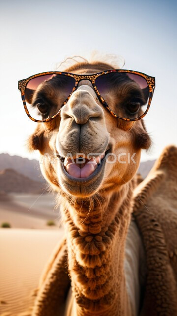 النظر الى الكاميرا بإيماءات السرور، مفهوم الأصالة والعراقة, المحميات الطبيعية لتربية ورعاية الابل, صورة مقربة لناقة عربية أصيلة شقراء ترتدي النظارة الشمسية في المناطق الصحراوية, رعي الثدييات والمواشي وحيوان الجمل في صحاري المملكة العربية السعودية