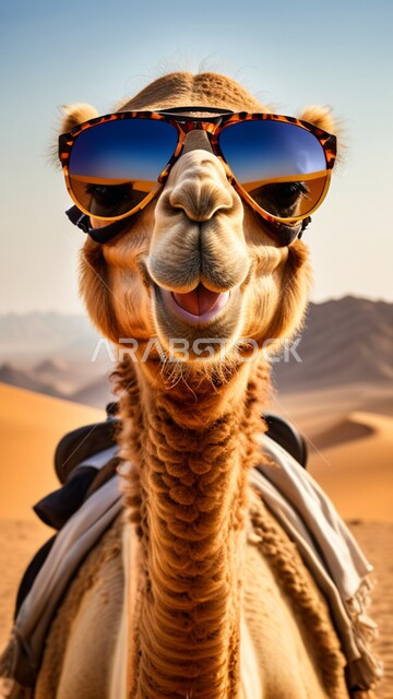 النظر الى الكاميرا بإيماءات السرور، مفهوم الأصالة والعراقة, المحميات الطبيعية لتربية ورعاية الابل, صورة مقربة لناقة عربية أصيلة شقراء ترتدي النظارة الشمسية في المناطق الصحراوية, رعي الثدييات والمواشي وحيوان الجمل في صحاري المملكة العربية السعودية