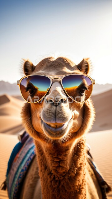 النظر الى الكاميرا بإيماءات السرور، مفهوم الأصالة والعراقة, المحميات الطبيعية لتربية ورعاية الابل, صورة مقربة لناقة عربية أصيلة شقراء ترتدي النظارة الشمسية في المناطق الصحراوية, رعي الثدييات والمواشي وحيوان الجمل في صحاري المملكة العربية السعودية