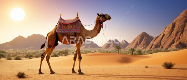 المحميات الطبيعية لتربية ورعاية الابل، رعاية الثدييات والمواشي وحيوان الجمل في صحاري المملكة العربية السعودية، صورة لناقة عربية أصيلة شقراء تقف في المناطق الصحراوية، مفهوم الأصالة والعراقة