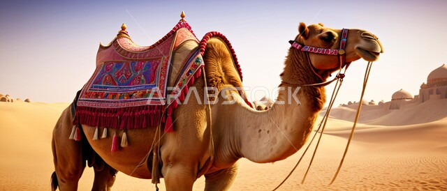 المحميات الطبيعية لتربية ورعاية الابل، رعاية الثدييات والمواشي وحيوان الجمل في صحاري المملكة العربية السعودية، صورة لناقة عربية أصيلة شقراء تقف في المناطق الصحراوية، مفهوم الأصالة والعراقة