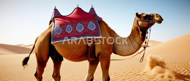 المحميات الطبيعية لتربية ورعاية الابل، رعاية الثدييات والمواشي وحيوان الجمل في صحاري المملكة العربية السعودية، صورة لناقة عربية أصيلة شقراء تقف في المناطق الصحراوية، مفهوم الأصالة والعراقة