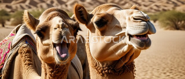 المحميات الطبيعية لتربية ورعاية الابل، رعاية الثدييات والمواشي وحيوان الجمل في صحاري المملكة العربية السعودية، صورة مقربة لناقتان عربيتان أصيلتان تقفان في المناطق الصحراوية، مفهوم الأصالة والعراقة