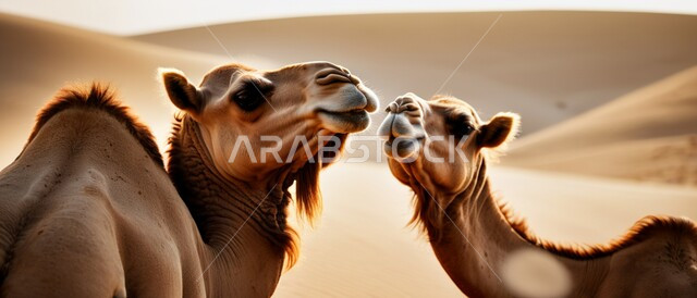 المحميات الطبيعية لتربية ورعاية الابل، رعاية الثدييات والمواشي وحيوان الجمل في صحاري المملكة العربية السعودية، صورة مقربة لناقتان عربيتان أصيلتان تقفان في المناطق الصحراوية، مفهوم الأصالة والعراقة