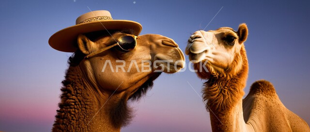المحميات الطبيعية لتربية ورعاية الابل، رعاية الثدييات والمواشي وحيوان الجمل في صحاري المملكة العربية السعودية، صورة مقربة لناقتان عربيتان أصيلتان تقفان في المناطق الصحراوية، ارتداء الاكسسوارات النظارة الشمسية والقبعة، مفهوم الأصالة والعراقة