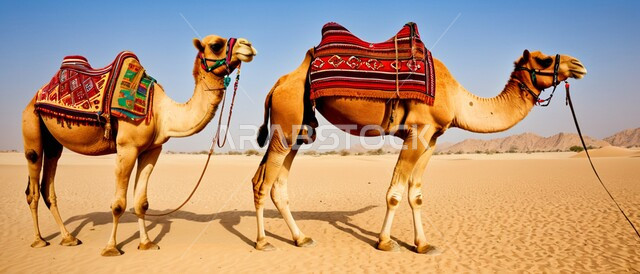 التلال والكثبان الرملية، المحميات الطبيعية لتربية ورعاية الابل، رعاية الثدييات والمواشي وحيوان الجمل في صحاري المملكة العربية السعودية، ناقتان عربيتان أصيلتان تقفان في المناطق الصحراوية، مفهوم الأصالة والعراقة