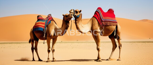 التلال والكثبان الرملية، المحميات الطبيعية لتربية ورعاية الابل، رعاية الثدييات والمواشي وحيوان الجمل في صحاري المملكة العربية السعودية، ناقتان عربيتان أصيلتان تقفان في المناطق الصحراوية، مفهوم الأصالة والعراقة