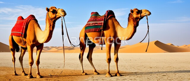 Sand dunes and hills, nature reserves for raising and caring for camels, caring for mammals, livestock and camels in the deserts of the Kingdom of Saudi Arabia, two purebred Arabian camels standing in the desert areas, the concept of authenticity and antiquity
