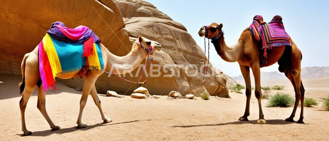 Rock formations, hills and sand dunes, nature reserves for camel breeding and care, care of mammals, livestock and camels in the deserts of the Kingdom of Saudi Arabia, two purebred Arabian camels in the desert areas, the concept of authenticity and antiquity