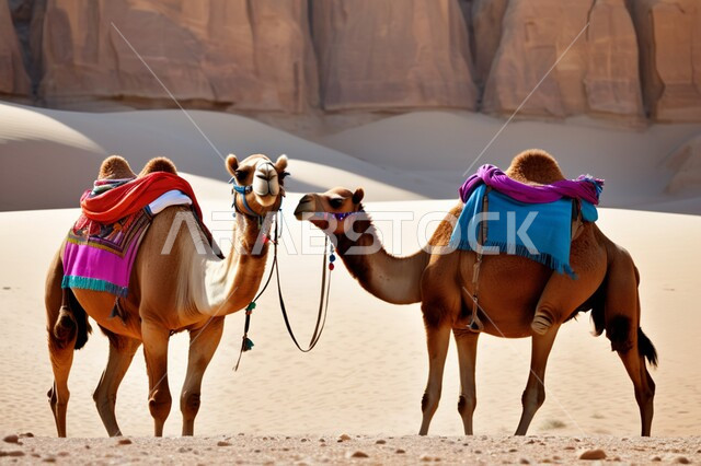 Rock formations, hills and sand dunes, nature reserves for camel breeding and care, care of mammals, livestock and camels in the deserts of the Kingdom of Saudi Arabia, two purebred Arabian camels in the desert areas, the concept of authenticity and antiquity