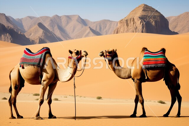 التكوينات والتشكيلات الصخرية، التلال والكثبان الرملية، المحميات الطبيعية لتربية ورعاية الابل، رعاية الثدييات والمواشي وحيوان الجمل في صحاري المملكة العربية السعودية، ناقتان عربيتان أصيلتان في المناطق الصحراوية، مفهوم الأصالة والعراقة