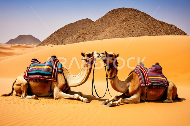 التلال والكثبان الرملية، المحميات الطبيعية لتربية ورعاية الابل، رعاية الثدييات والمواشي وحيوان الجمل في صحاري المملكة العربية السعودية، ناقتان عربيتان أصيلتان في المناطق الصحراوية، مفهوم الأصالة والعراقة