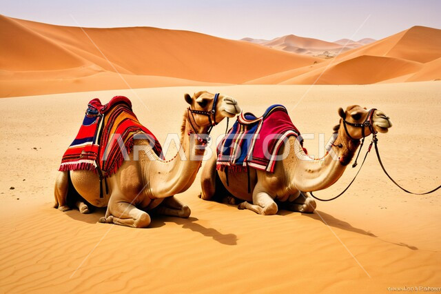 Sand dunes and hills, nature reserves for raising and caring for camels, caring for mammals, livestock and camels in the deserts of the Kingdom of Saudi Arabia, two purebred Arabian camels in the desert areas, the concept of authenticity and antiquity