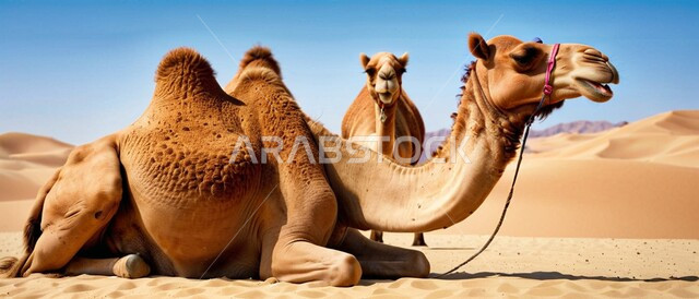 التلال والكثبان الرملية، المحميات الطبيعية لتربية ورعاية الابل، رعاية الثدييات والمواشي وحيوان الجمل في صحاري المملكة العربية السعودية، ناقتان عربيتان أصيلتان في المناطق الصحراوية، مفهوم الأصالة والعراقة