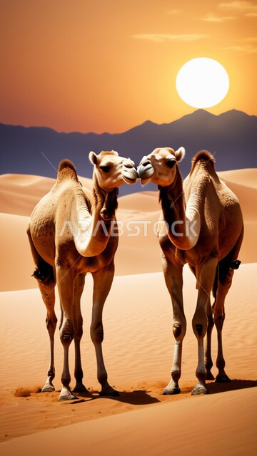 الكثبان والتلال الرملية، المحميات الطبيعية لتربية ورعاية الابل، رعاية الثدييات والمواشي وحيوان الجمل في صحاري المملكة العربية السعودية، ناقتان عربيتان أصيلتان في المناطق الصحراوية وقت الغروب، مفهوم الأصالة والعراقة