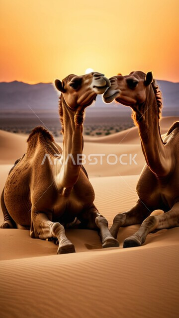 الكثبان والتلال الرملية، المحميات الطبيعية لتربية ورعاية الابل، رعاية الثدييات والمواشي وحيوان الجمل في صحاري المملكة العربية السعودية، ناقتان عربيتان أصيلتان في المناطق الصحراوية وقت الغروب، مفهوم الأصالة والعراقة