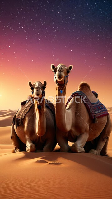 الكثبان والتلال الرملية، المحميات الطبيعية لتربية ورعاية الابل، رعاية الثدييات والمواشي وحيوان الجمل في صحاري المملكة العربية السعودية، ناقتان عربيتان أصيلتان في المناطق الصحراوية وقت الغروب، مفهوم الأصالة والعراقة